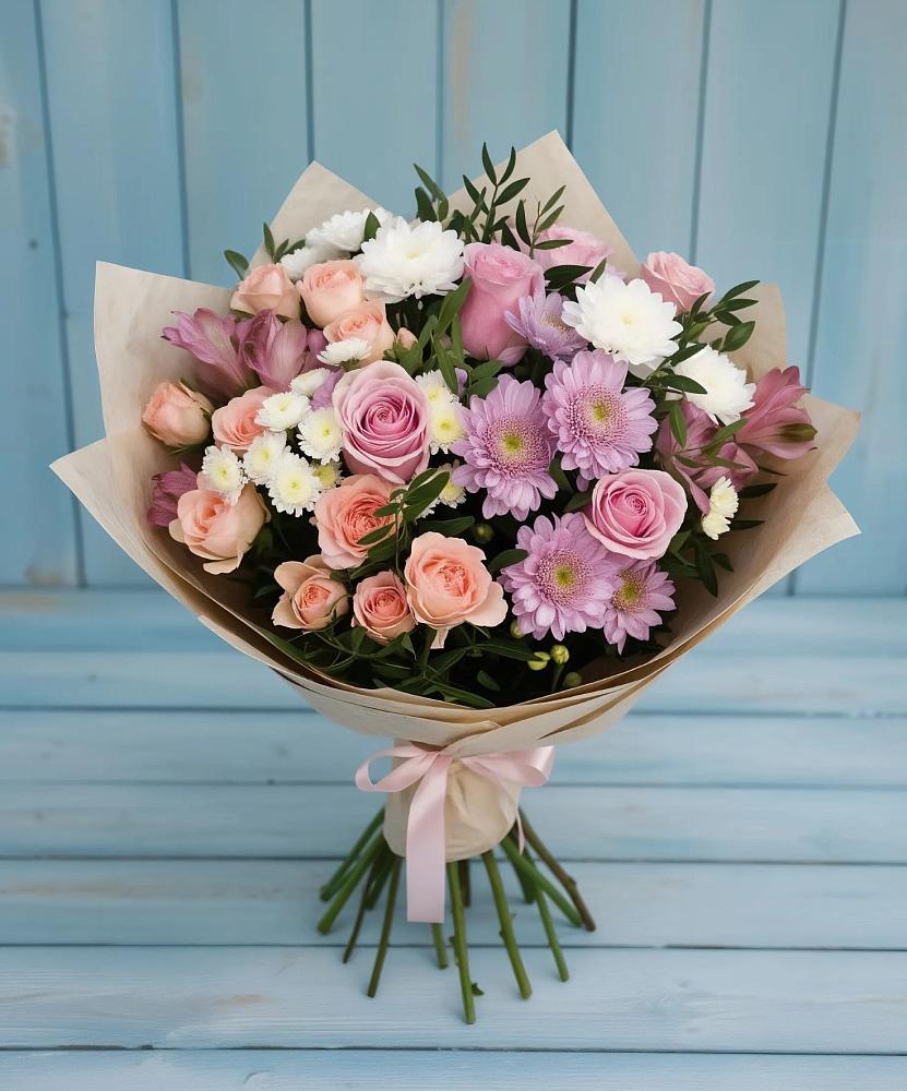 Букет цветов из: Хризантемы, Розы и Альстромерии в Высокогорном