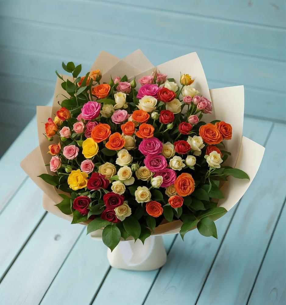 Букет Микс из разноцветных кустовых роз в Высокогорном