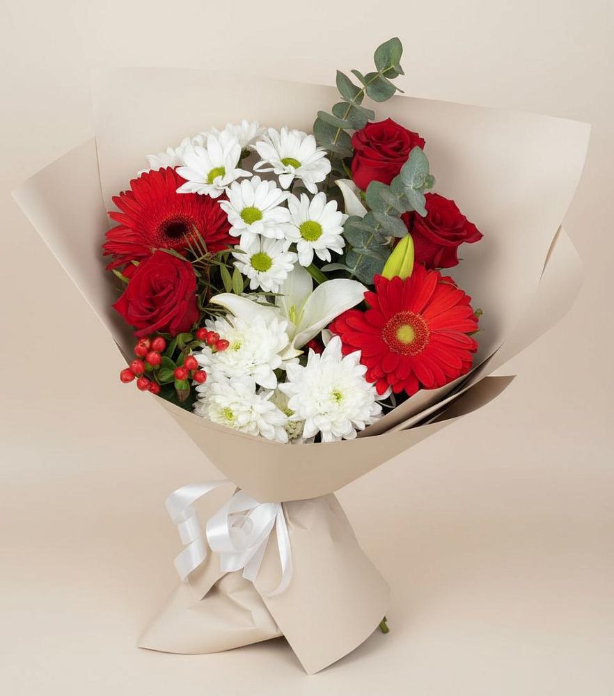 Букет цветов из: Розы, Хризантемы, Герберы и Лилии в Высокогорном