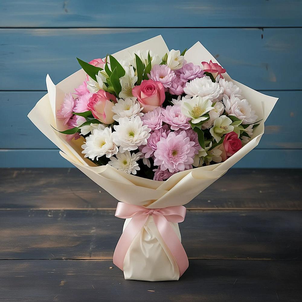 Букет цветов из: Хризантемы, Альстромерии и Розы в Высокогорном